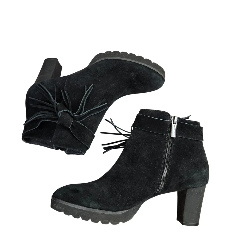 Sacha London Black Suede Tie Fringe Heeled Ankle Boots Side Zip‎ Women Sz 9